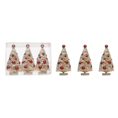 boxed set of three 4‑inch white bottle brush trees with red ornaments on wooden bases