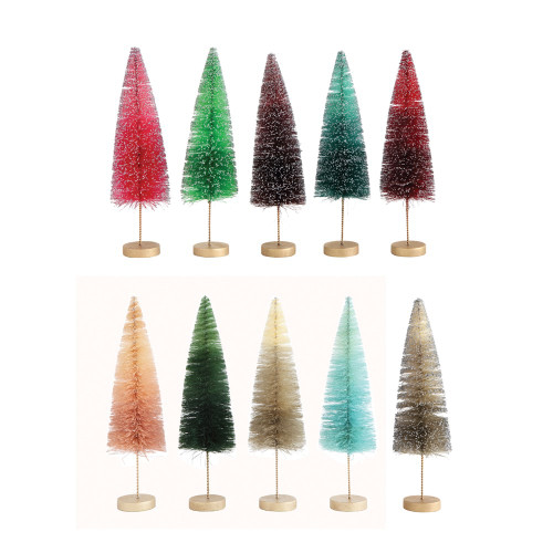 multi‑color bottle brush tree set on wooden bases, 7‑inch creative co‑op christmas trees