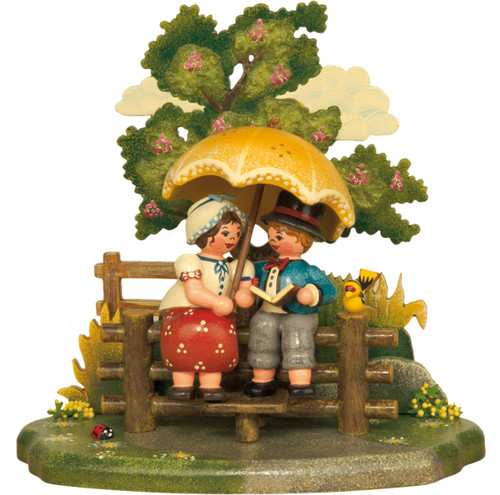 hubrig summer miniature with couple on fence, parasol, plum tree, and bird