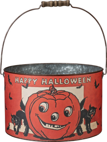 Set of two vintage‑inspired Halloween buckets with jack‑o’‑lantern, black cat, and bat artwork, featuring metal handles.