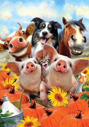 fall farm animals porch flag with colorful autumn barnyard artwork by howard robinson