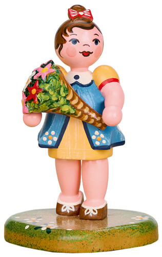 “hubrig may day bouquet wooden figure with girl and flower basket, handcrafted erzgebirge folk art miniature”