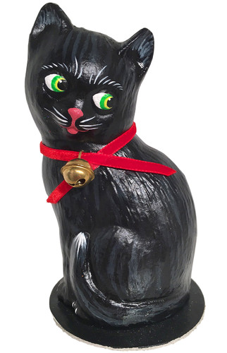 oliver black cat paper mache candy container by ino schaller glossy finish with red ribbon collar