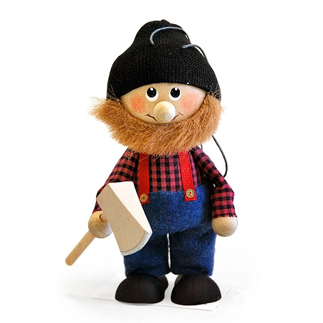 nisse lumberjack ornament with axe wearing plaid shirt blue jeans and black beanie