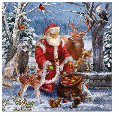 “Christmas napkin featuring Santa in a snowy forest sharing apples with woodland animals.”