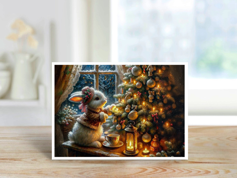 A cozy winter bunny decorating a glowing Christmas tree by candlelight, with snow falling softly outside the window in a warm, vintage woodland style.