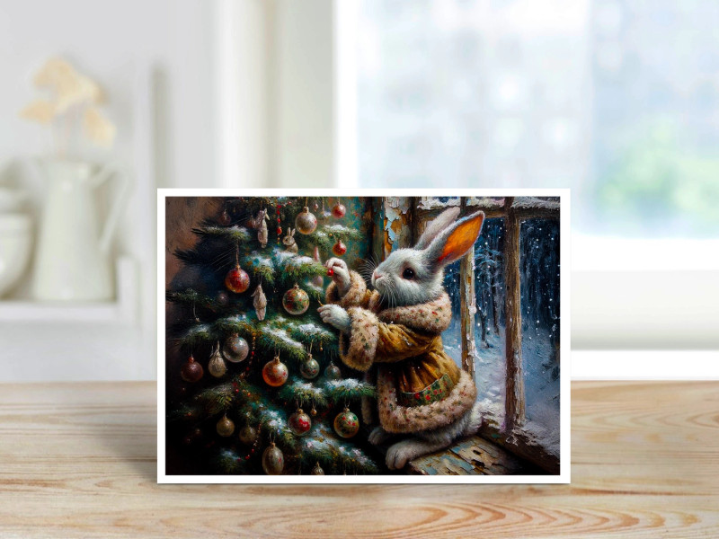 A sweet winter bunny decorating a glowing Christmas tree in a cozy woodland cottage as snow falls softly outside.