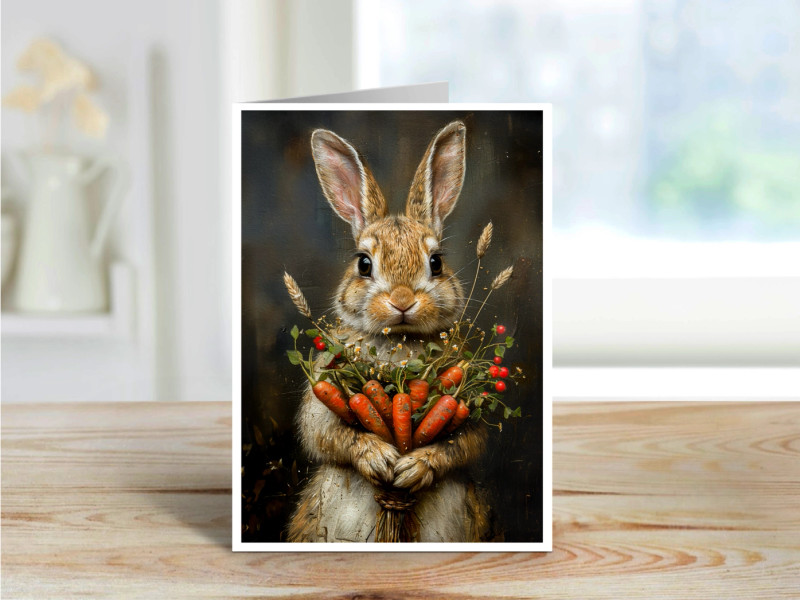 A cheerful bunny holding a rustic harvest of carrots, berries, and wildflowers in warm autumn light.