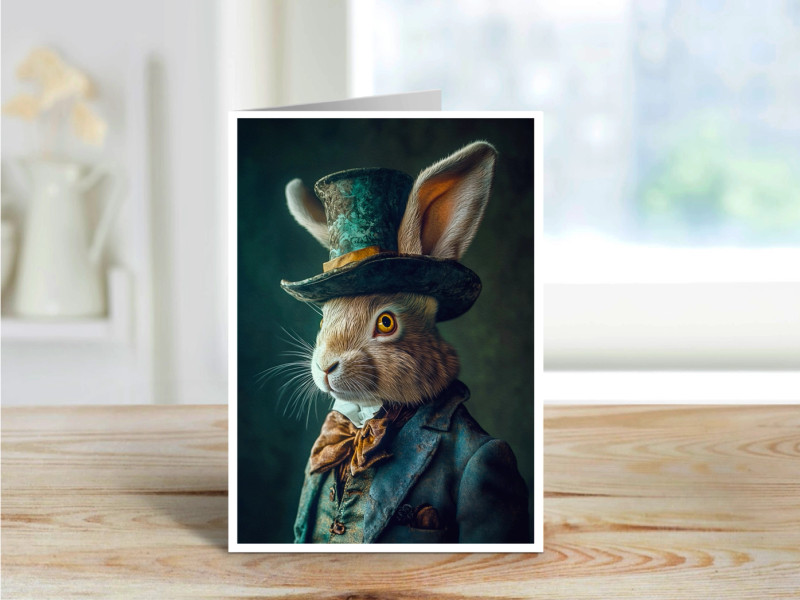 A distinguished hare wearing a teal top hat and bowtie with bright golden eyes in a whimsical vintage style.