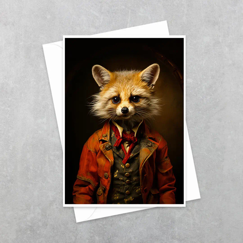 A Victorian‑style red fox wearing a tailored suit in a dark, moody forest portrait style.