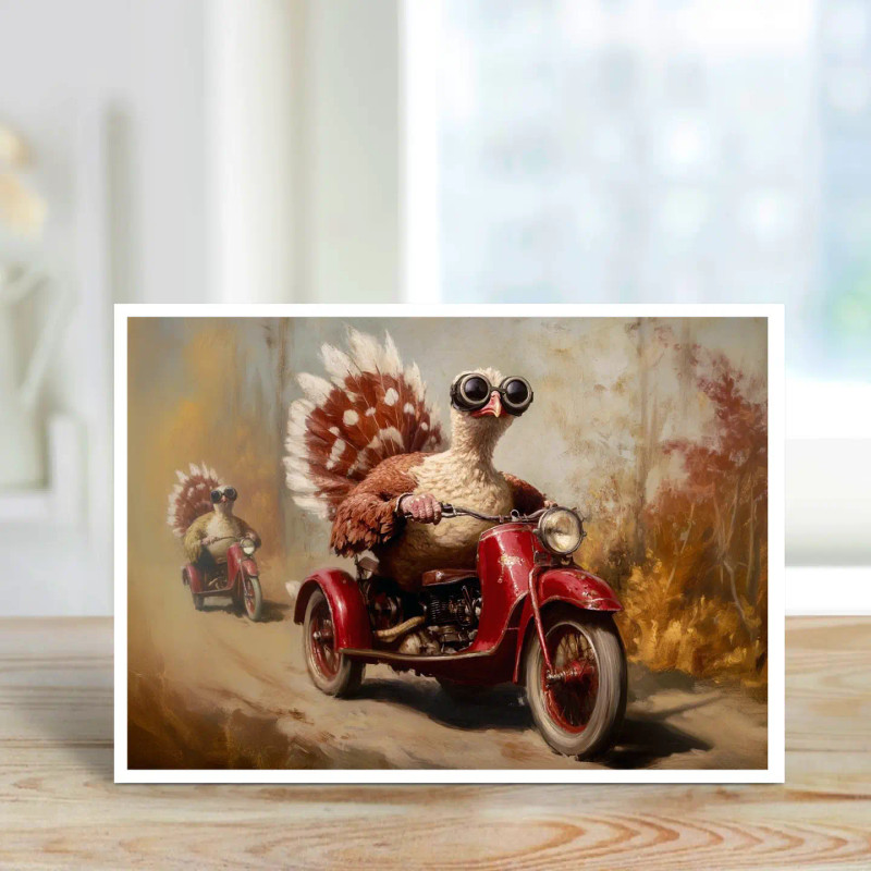 wo turkeys wearing vintage goggles riding red motorbikes through a warm autumn landscape with feathers flying in the wind.