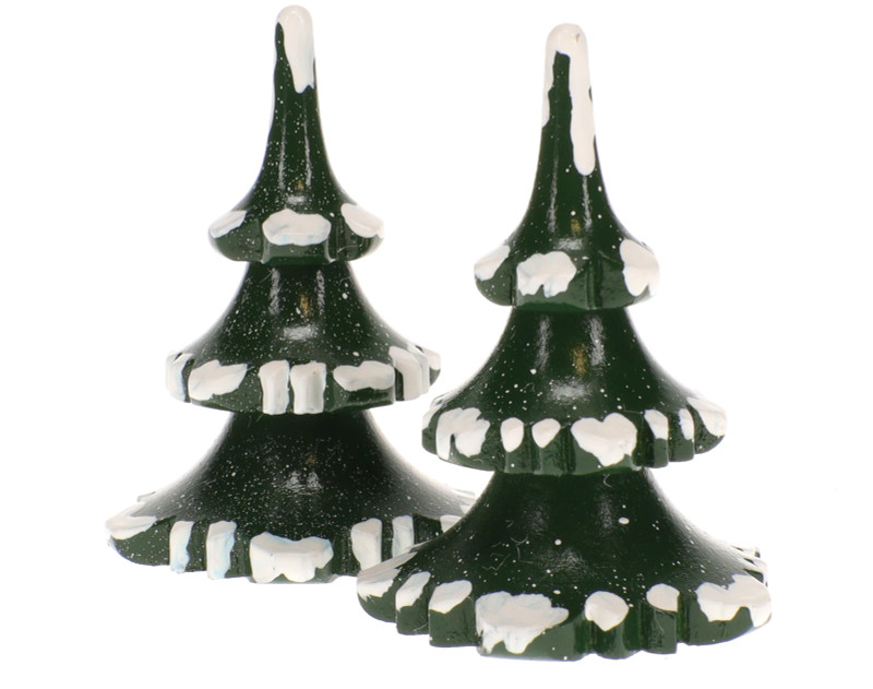set of two snowy fir trees by hubrig, handcrafted wooden miniatures