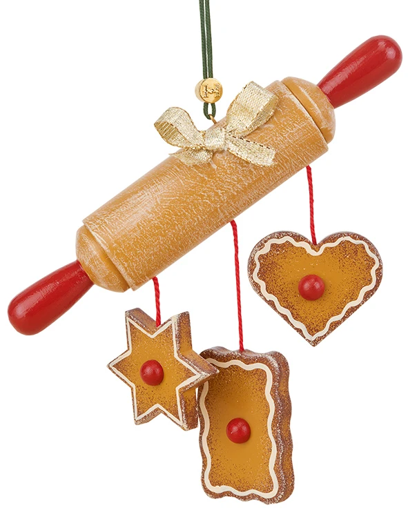 hubrig  rolling  pin ornament with gingerbread cookies and golden bow