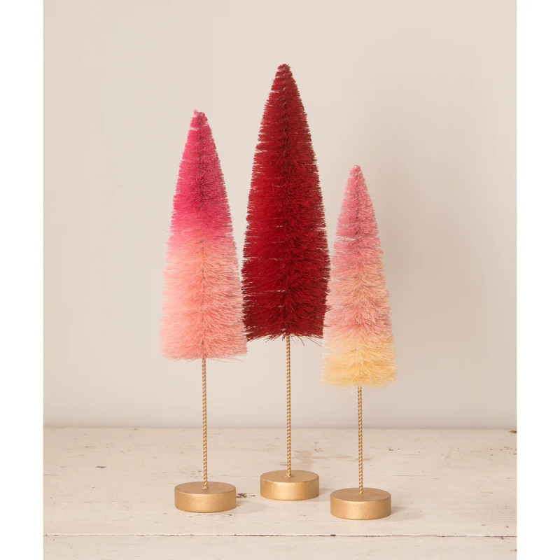 set of three valentine ombré bottle brush trees red to light pink on natural bases