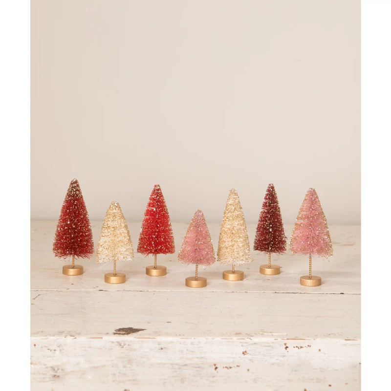 set of seven 4.2‑inch valentine bottle brush trees in red white and pink tones with glitter on wooden bases