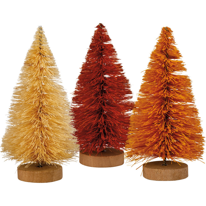 boxed set of three autumn bottle brush trees in multi shades on natural wooden bases