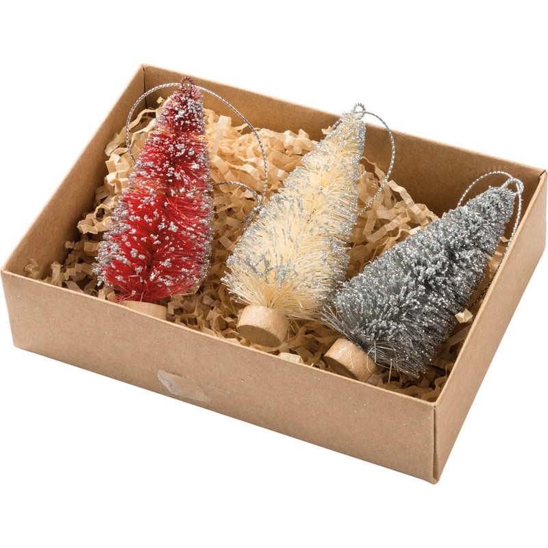 boxed set of three 3‑inch glittered bottle brush trees in red white and green on wooden bases