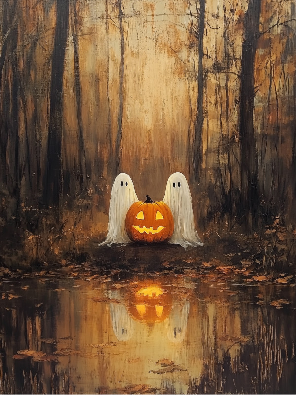two friendly ghosts with glowing jack‑o’-lantern in autumn forest reflected in pond on 4x6 wood block