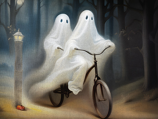 two friendly ghosts riding a two‑seater bicycle through the woods on a 6x4 halloween wood block