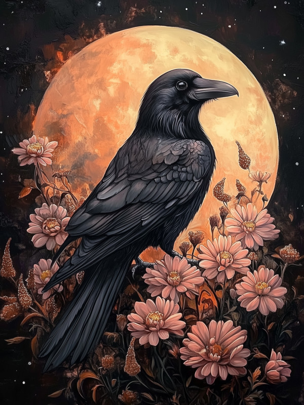 black crow with pink flowers perched before full moon on 4x6 wood block