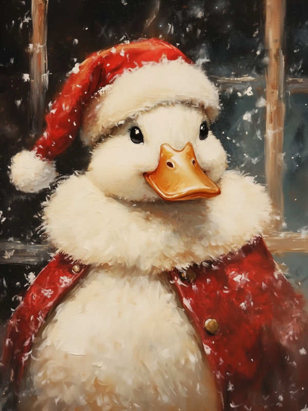 round duck in open santa coat and tilted santa hat standing by window with snowy night outside on 6x4 wood block