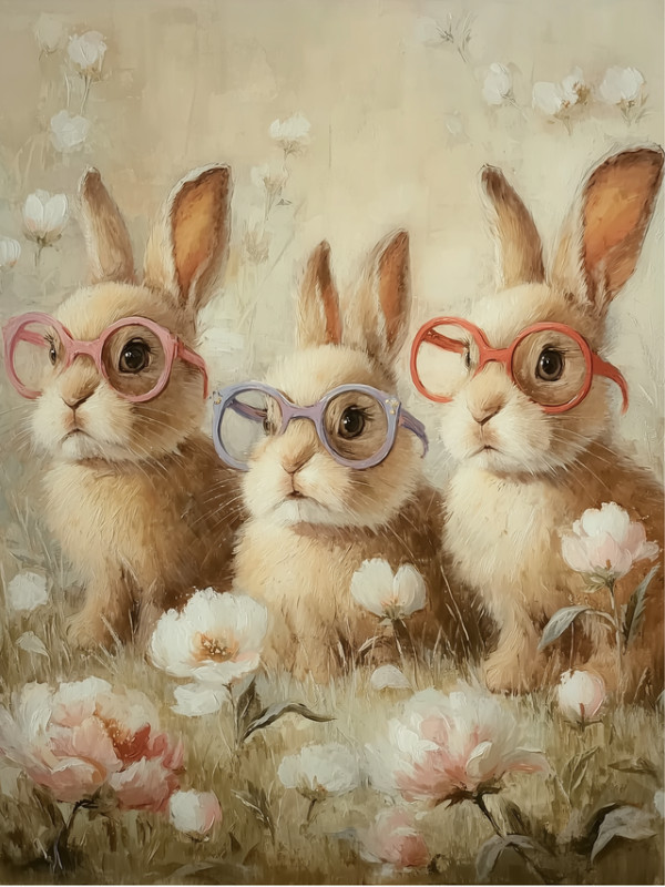 three bunnies wearing oversized pastel vintage glasses with blossoms on 4x6 wood block