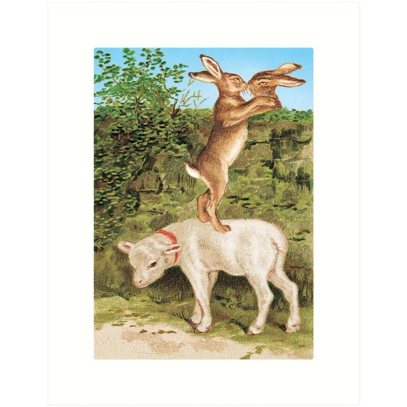two rabbits kissing over rock wall, one standing on lamb, vintage romantic woodland illustration