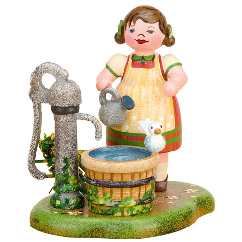 “hubrig girl at water pump with barrel and bird, handcrafted erzgebirge wooden miniature”