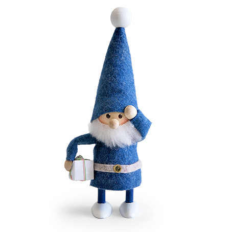 blue elf figurine with white beard holding a single wrapped package