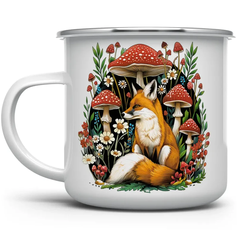 storybook fox enamelware mug with mushrooms and greenery