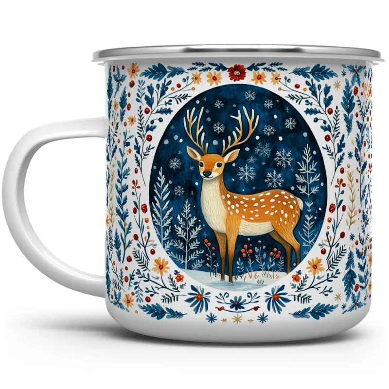storybook winter deer enamelware mug with floral accents