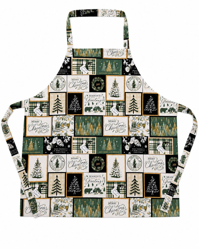 “Season’s Greetings” Christmas apron, single‑sided 100% cotton with patchwork trees, wreaths, woodland animals, and holiday sayings in green, white, black, and gold.