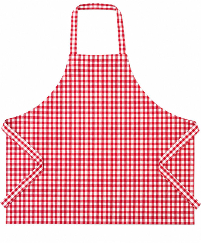 “Red Gingham Jubilee” apron, single‑sided 100% cotton with classic red‑and‑white gingham pattern.
