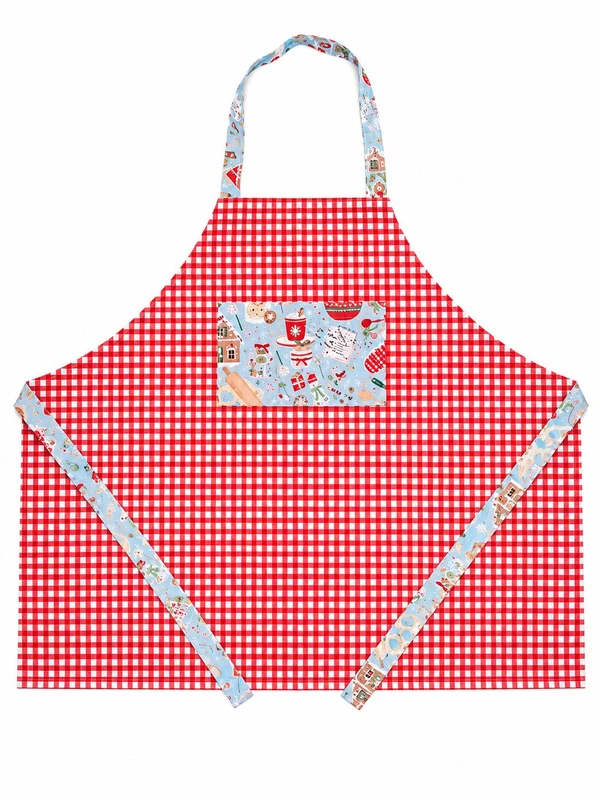 “Gingham and Ginger Sass” apron, single‑sided 100% cotton with red gingham and blue gingerbread baking‑print trim and pocket.