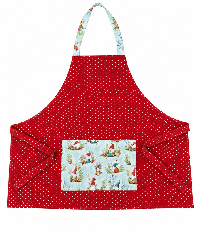 “Handmade red polka dot apron with large blue gnome‑meadow pocket and matching ties”