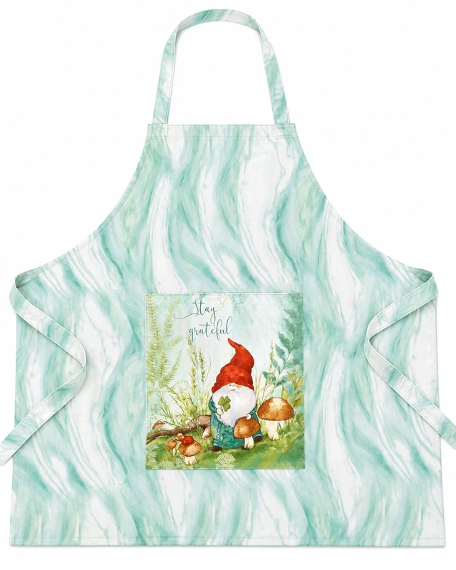 Light green marbled apron with an 11×10 pocket featuring a gnome holding a four‑leaf clover with “Stay Grateful” text