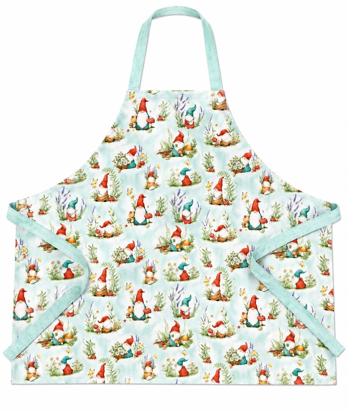 Light green apron with an all‑over gnome, mushroom, flower, butterfly, and pumpkin pattern with darker green straps and head loop.