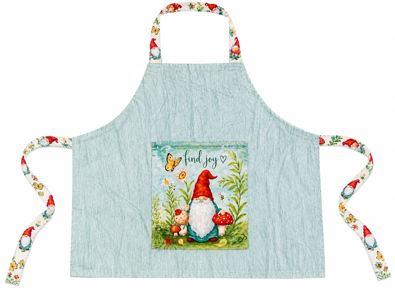 Blue‑green apron with a large gnome‑and‑mushroom pocket featuring flowers and butterflies and matching garden‑themed straps