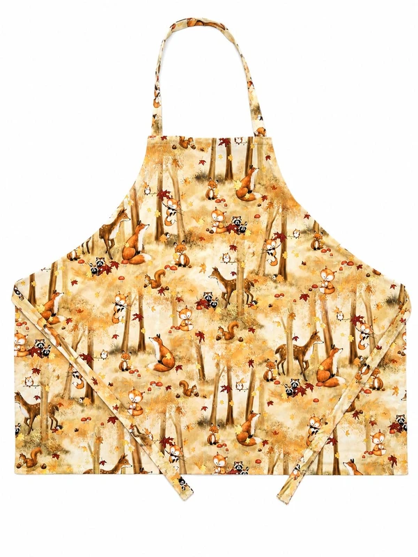1. Autumn woodland apron featuring foxes, raccoons, squirrels, deer, and owls with matching forest‑pattern neck loop and waist ties