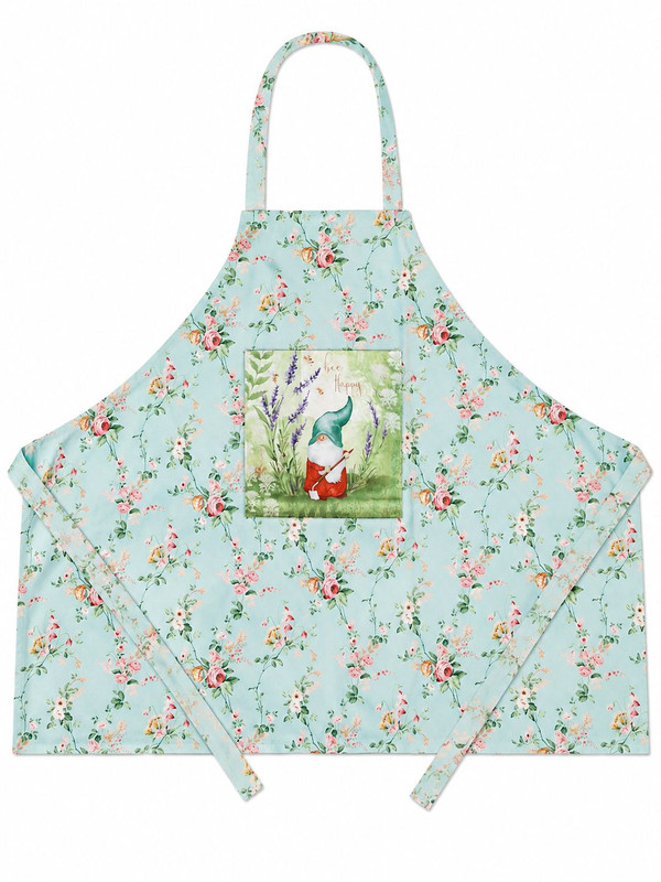 1. Blue‑green floral apron with an 8‑inch square gnome pocket featuring lavender and “bee happy” text, with matching floral straps