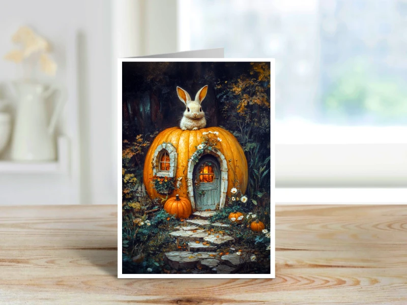 bunny sitting on top of a glowing pumpkin cottage surrounded by autumn foliage