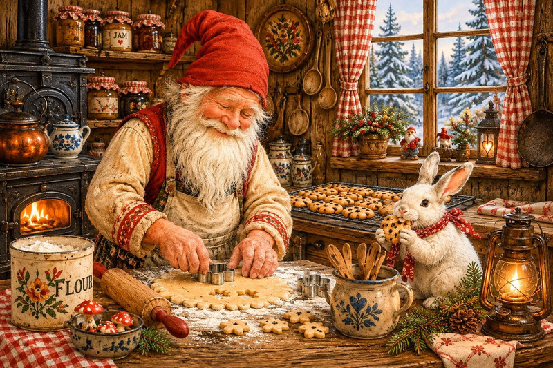 papa gnome cutting cookie dough in a cozy winter kitchen with calamity bunny eating a cookie