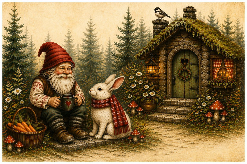 poppa gnome sitting with heart mug calamity bunny beside him carrots basket mushrooms cottage lanterns evergreen forest