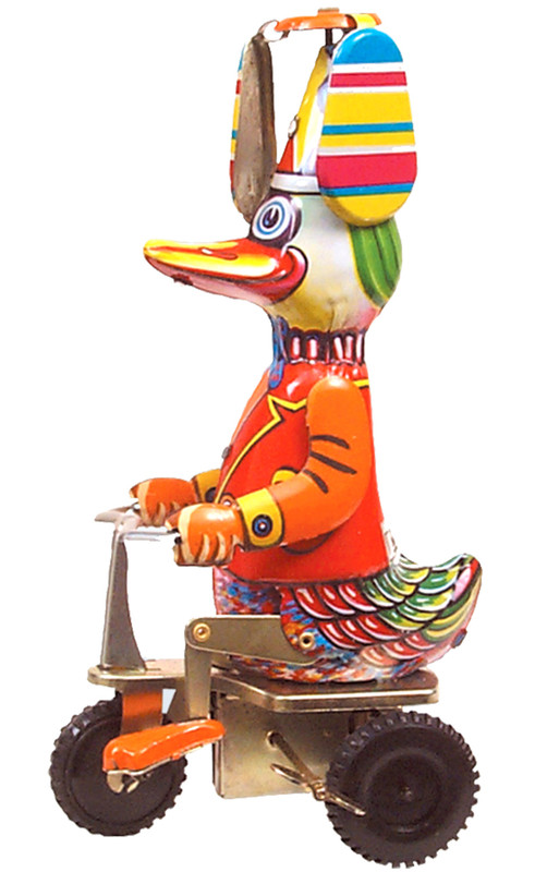 Vintage tin duck riding a scooter with spinning overhead blades