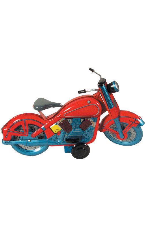 Vintage tin motorcycle wind‑up toy with red body and retro detailing