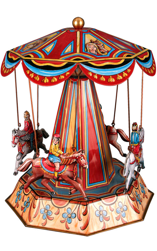 German tin carousel with four horses, lever‑wind motion, and equestrian lithograph crown