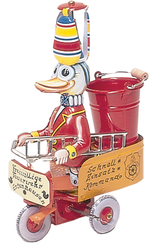 Hand‑made German tin firefighter duck with spinning propellers, ladder, and bucket