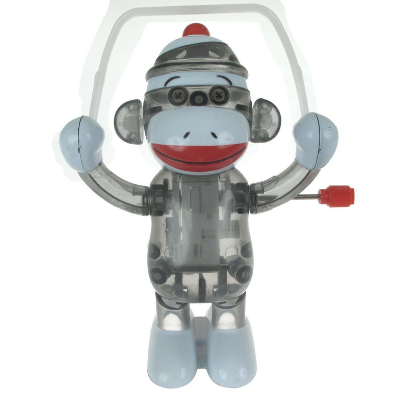 wind‑up sock monkey toy named skippy jumping rope