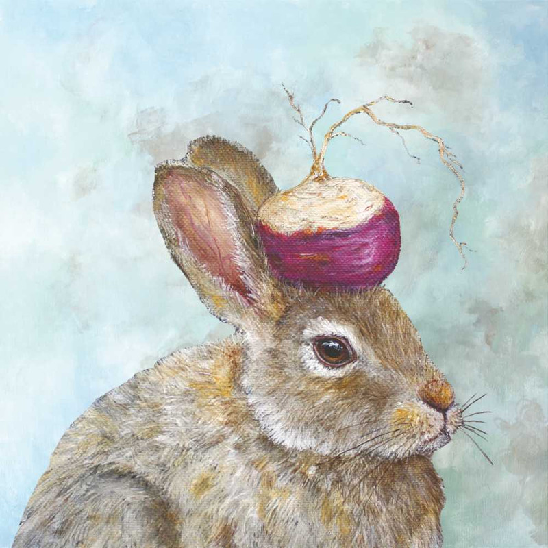 “Napkin featuring a bunny wearing a whimsical turnip hat by Vicki Sawyer.”