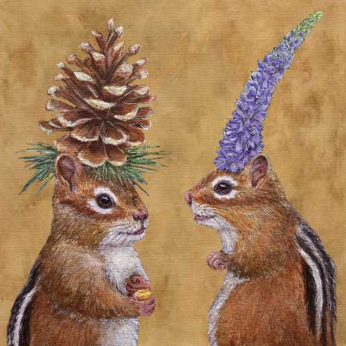 “Napkin featuring two chipmunks wearing whimsical floral hats by Vicki Sawyer.”